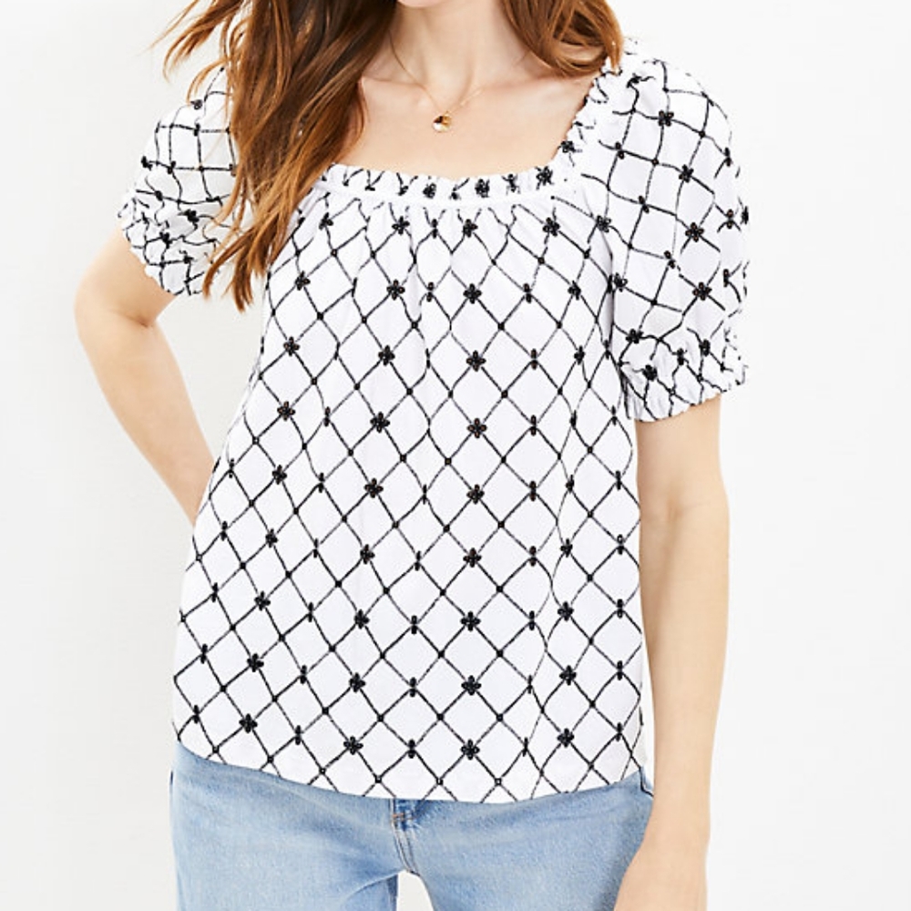 LOFT eyelet square neck knit top, small, white